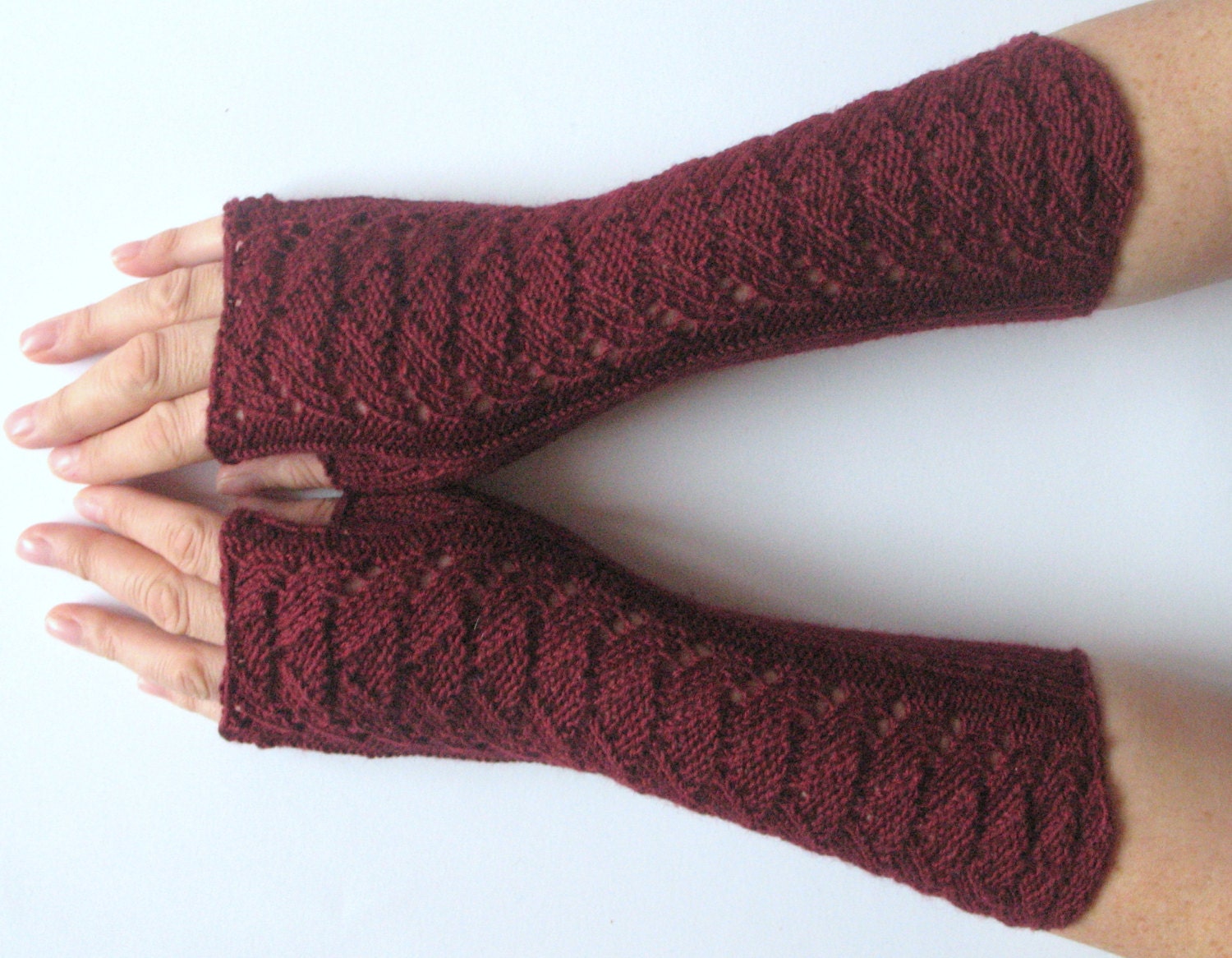 Burgundy Fingerless Gloves Claret Long Arm Warmers Mittens Soft Acrylic