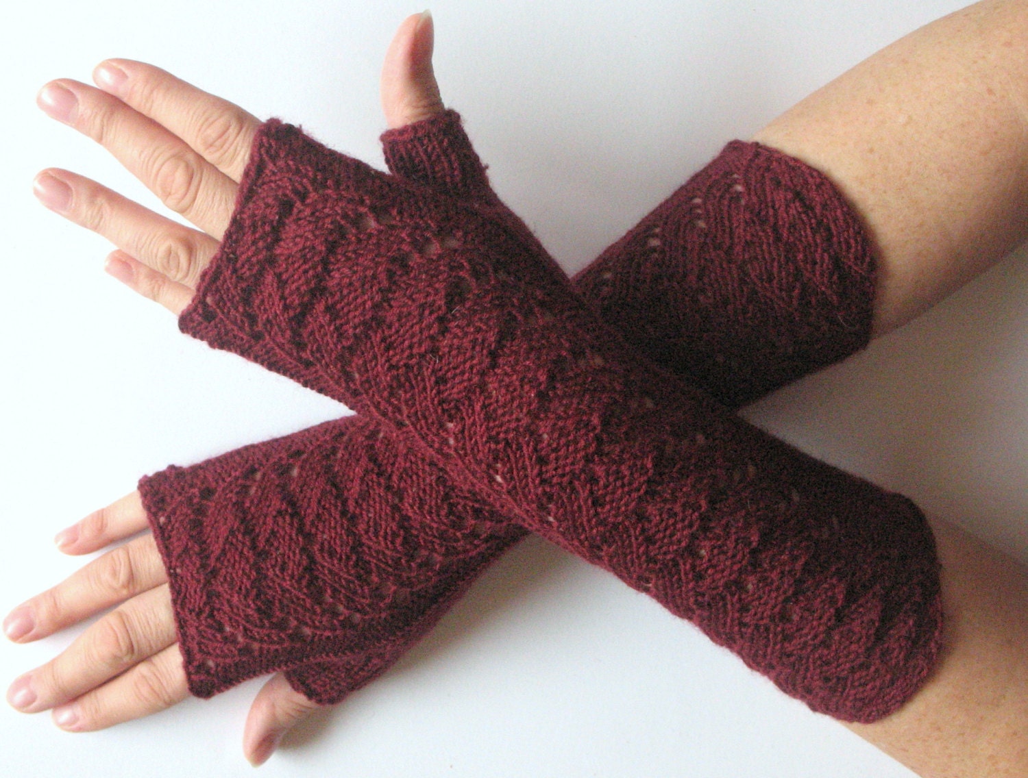 Burgundy Fingerless Gloves Claret Long Arm Warmers Mittens Soft Acrylic - Image 3