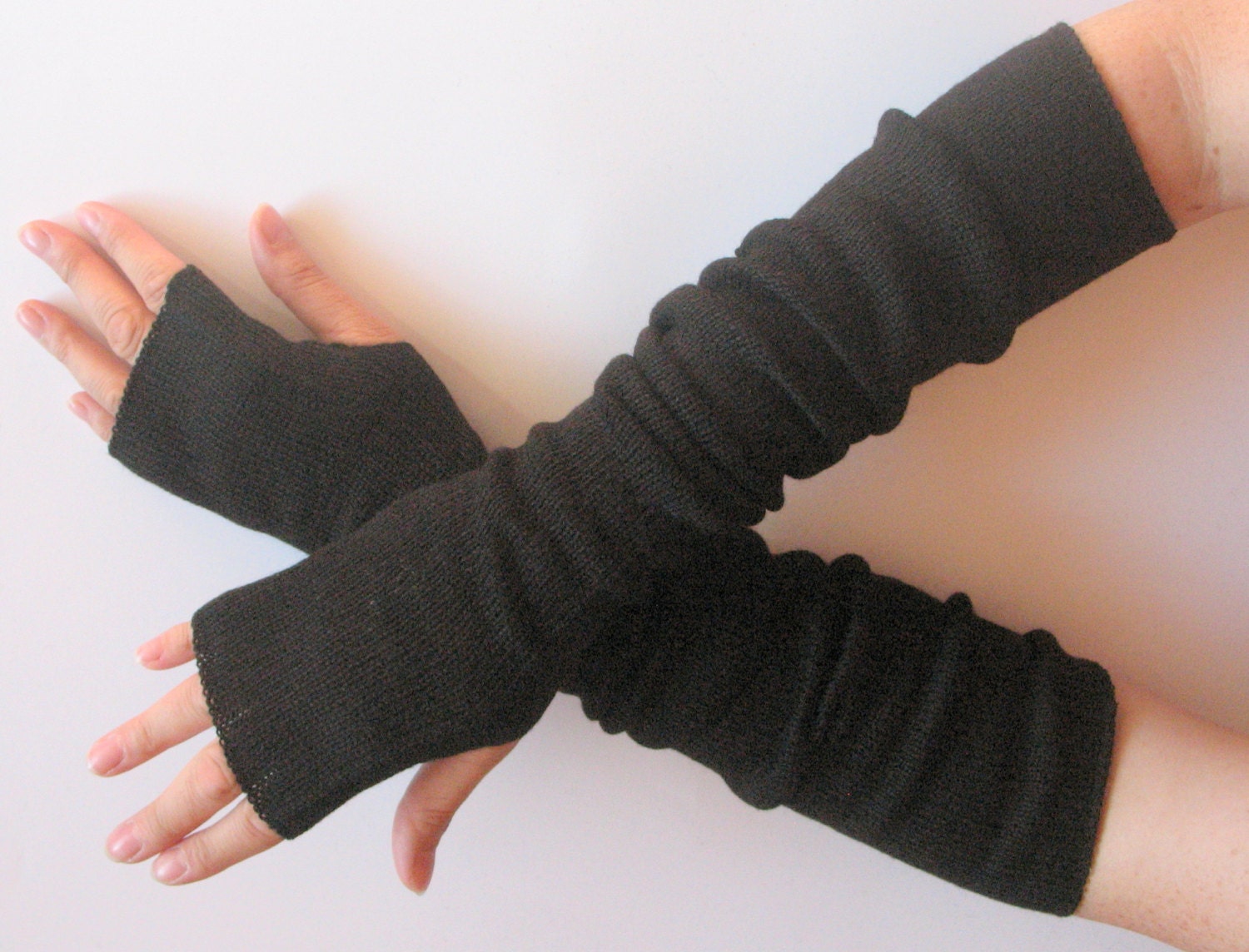Long Fingerless Gloves Black 20" Arm Warmers Mittens Soft Acrylic Wool