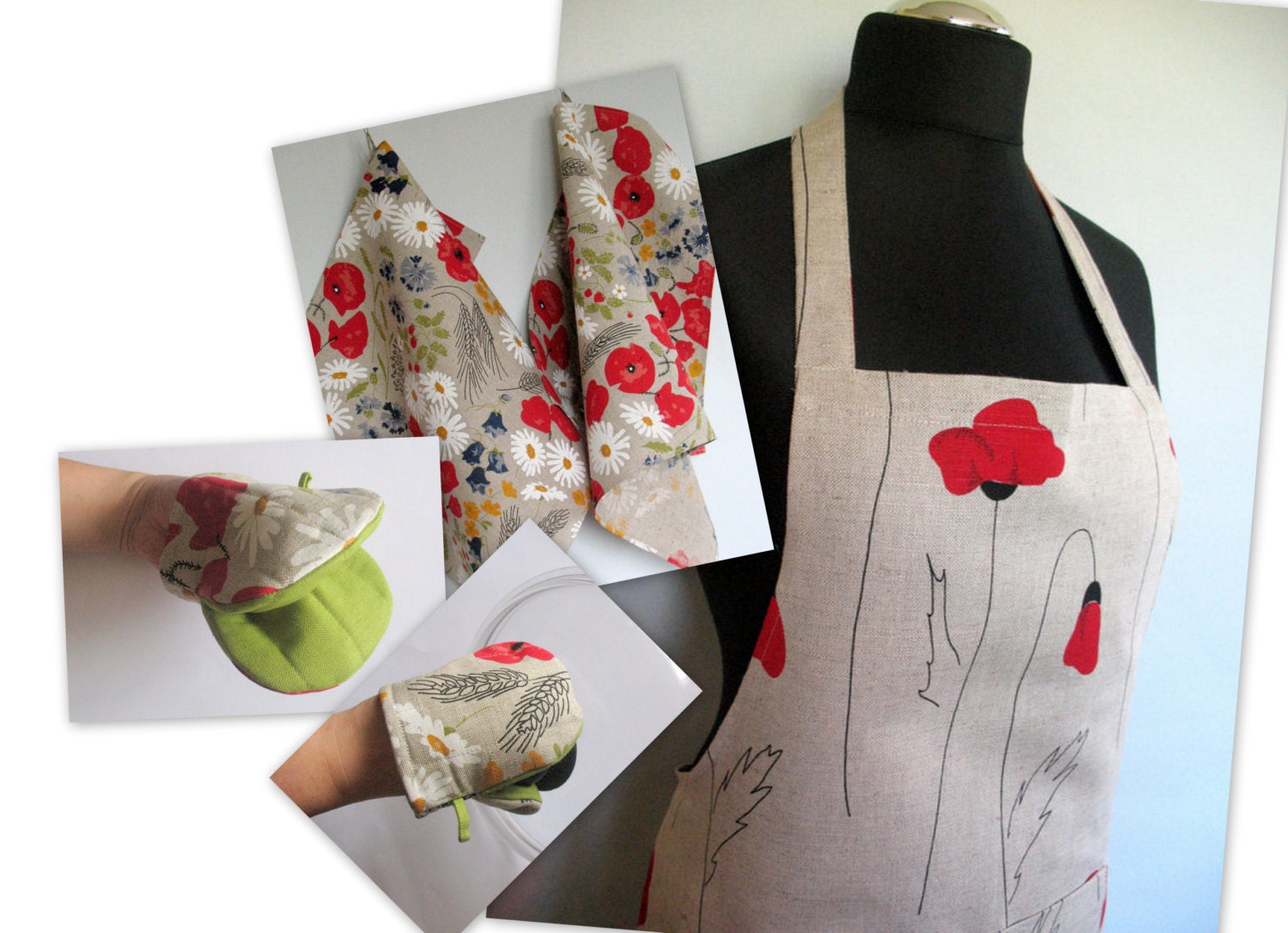 Apron for Woman Linen Kitchen Daisies Poppies Cornflowers Flowers