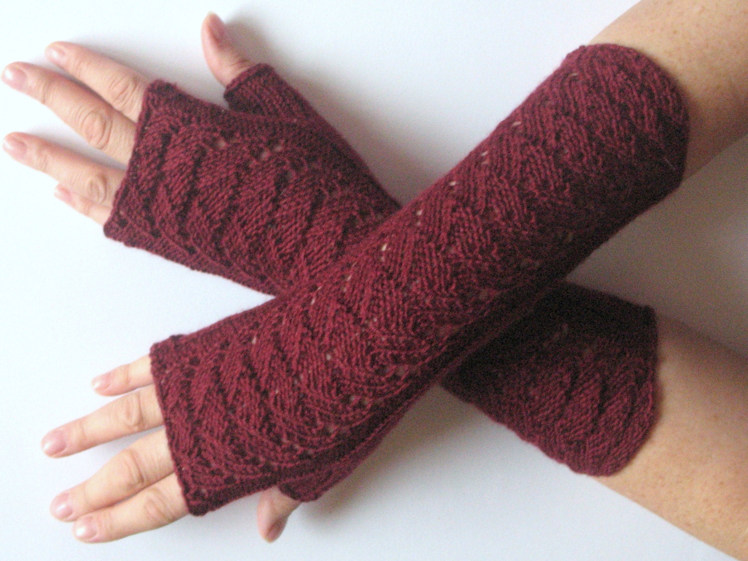 Burgundy Fingerless Gloves Claret Long Arm Warmers Mittens Soft Acrylic - Image 2