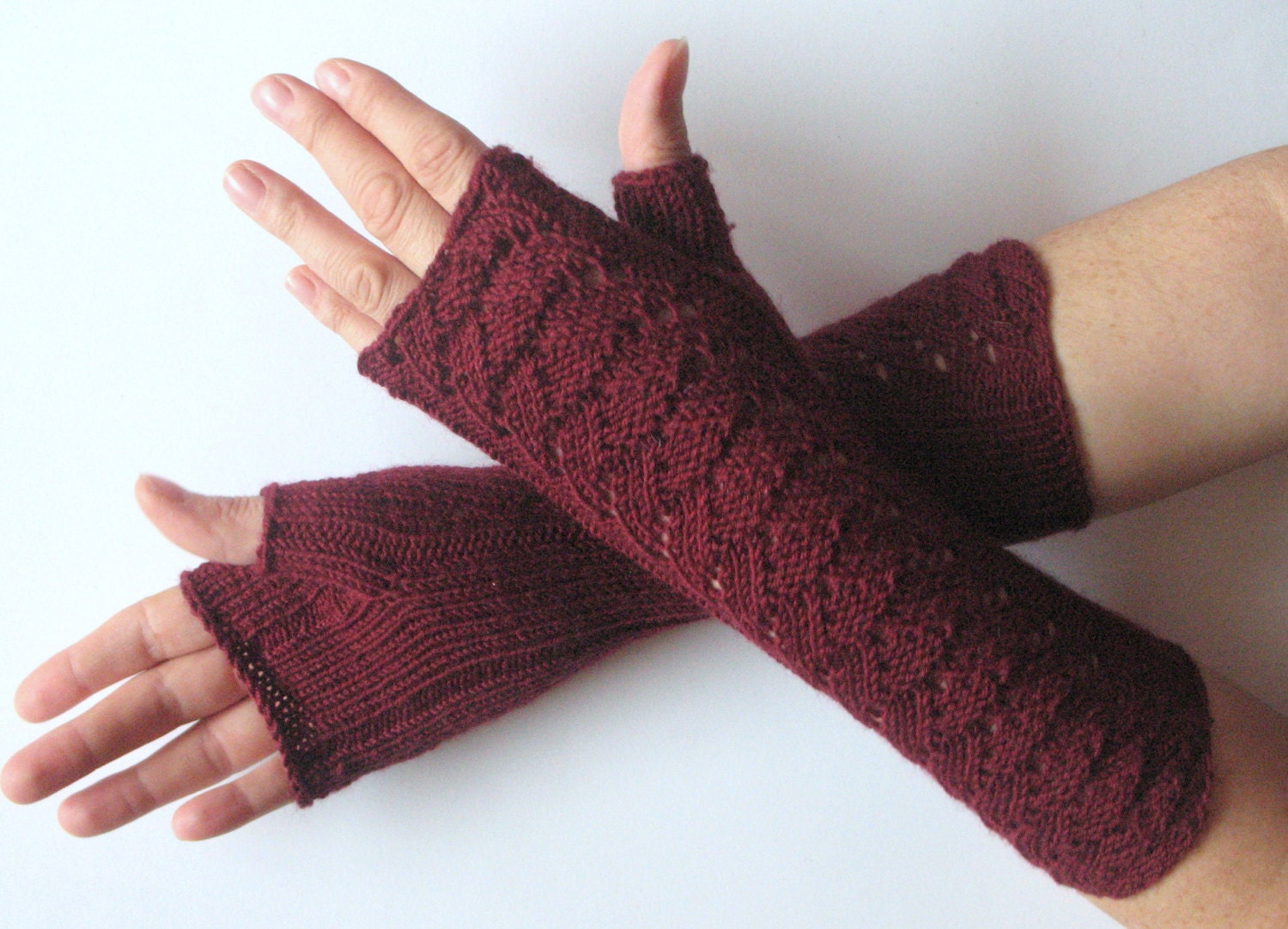 Burgundy Fingerless Gloves Claret Long Arm Warmers Mittens Soft Acrylic - Image 4