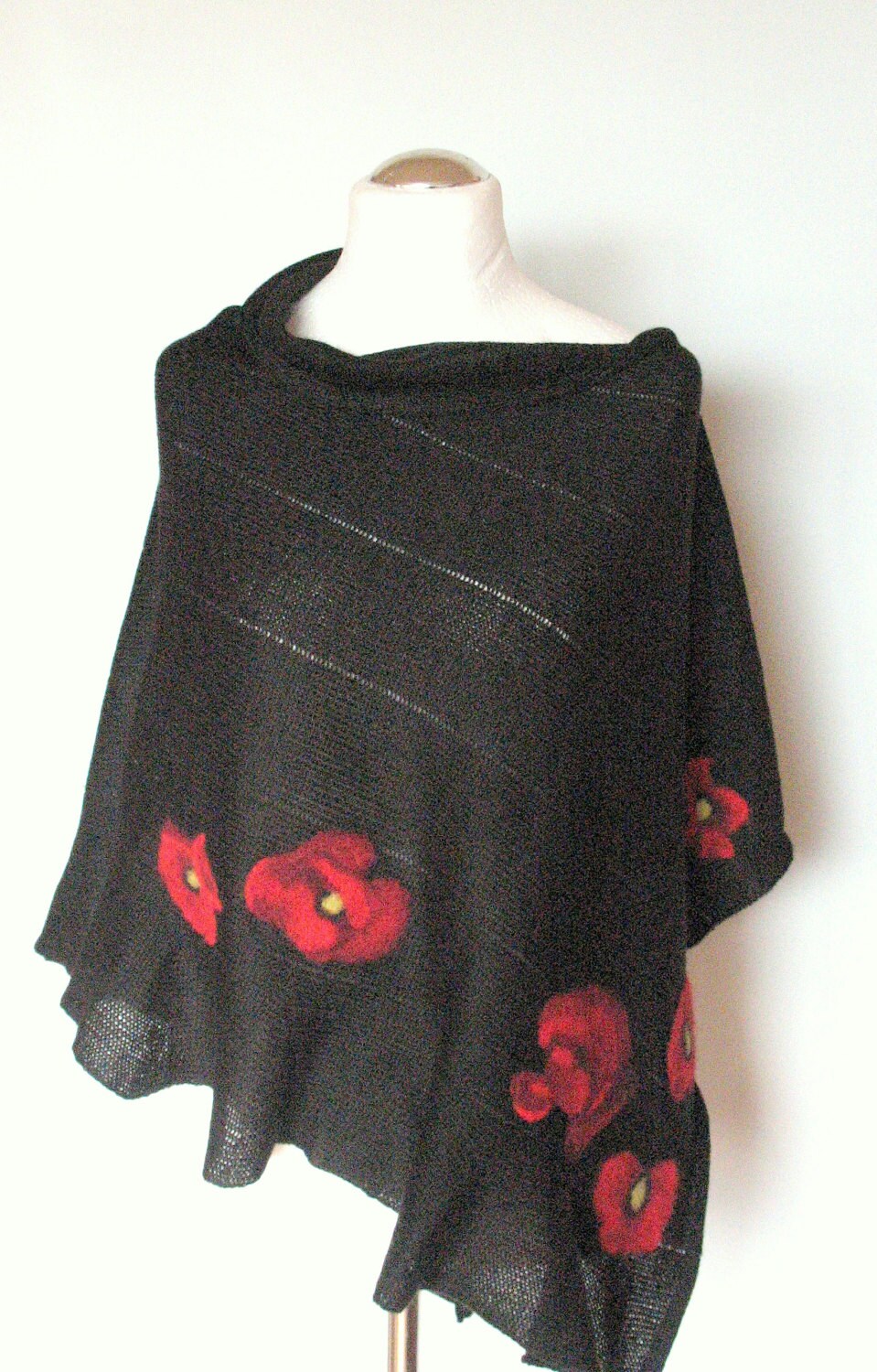 Warm Shawl Cape Clothing Black Red Poppy Felted Wool