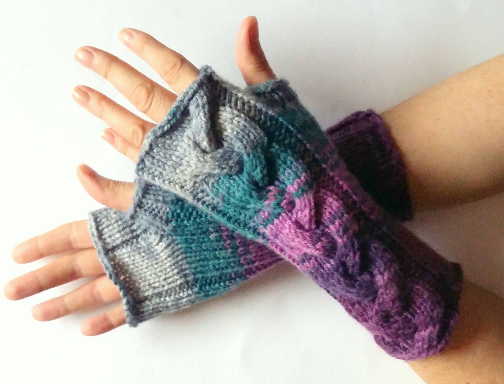 Fingerless Gloves wrist warmers Violet Purple Blue Burgundy Gray Green knit - Image 2