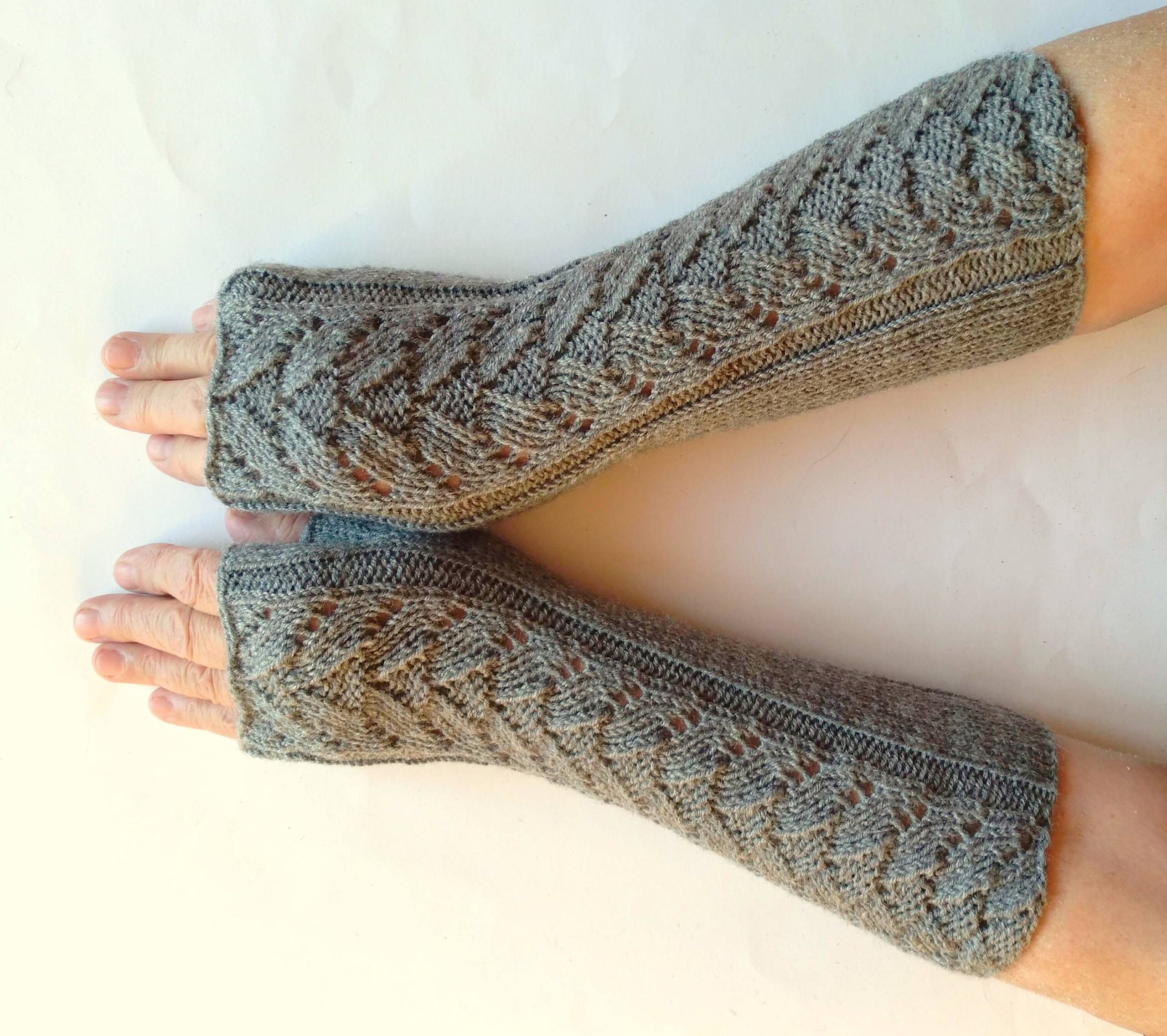 Fingerless Gloves Long Gray 11" Mittens Arm Warmers Acrylic Wool - Image 2