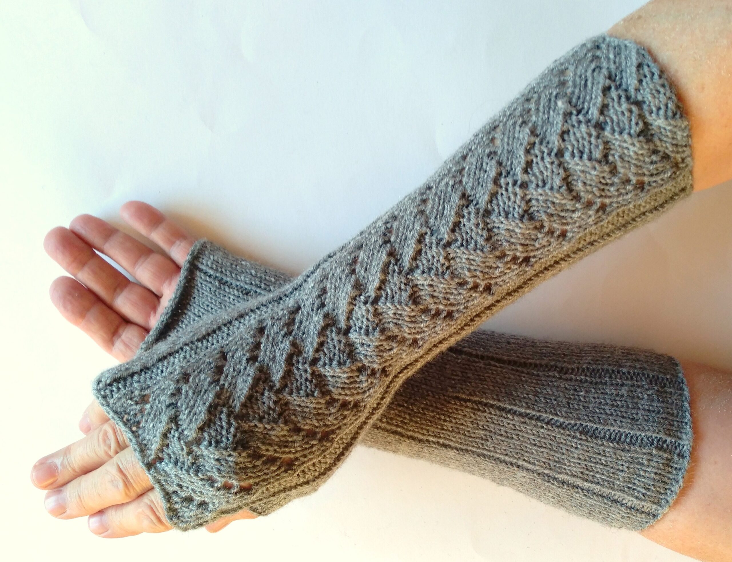 Fingerless Gloves Long Gray 11" Mittens Arm Warmers Acrylic Wool