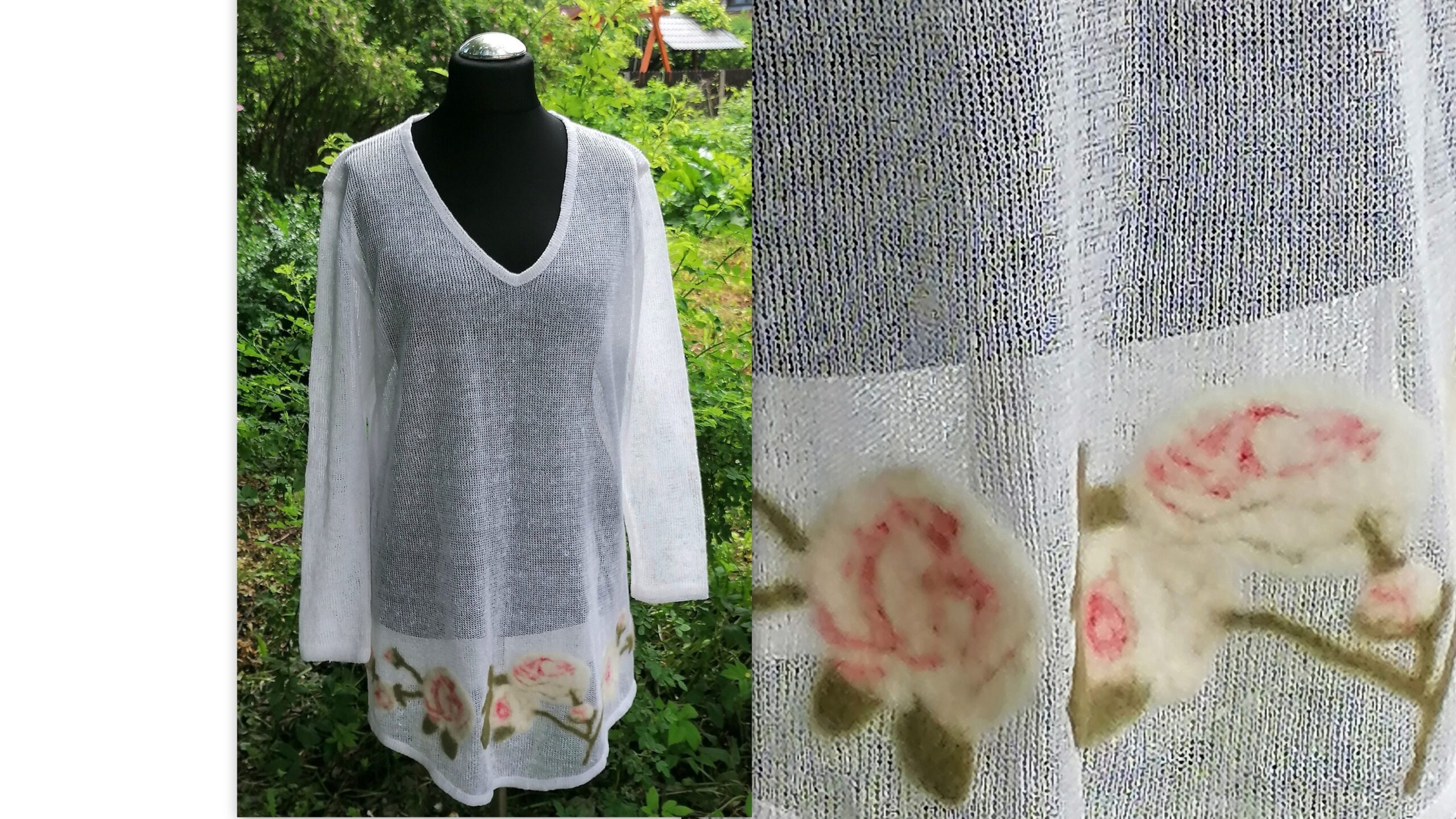 Linen Tunic Clothing White with Roses Felted Wool