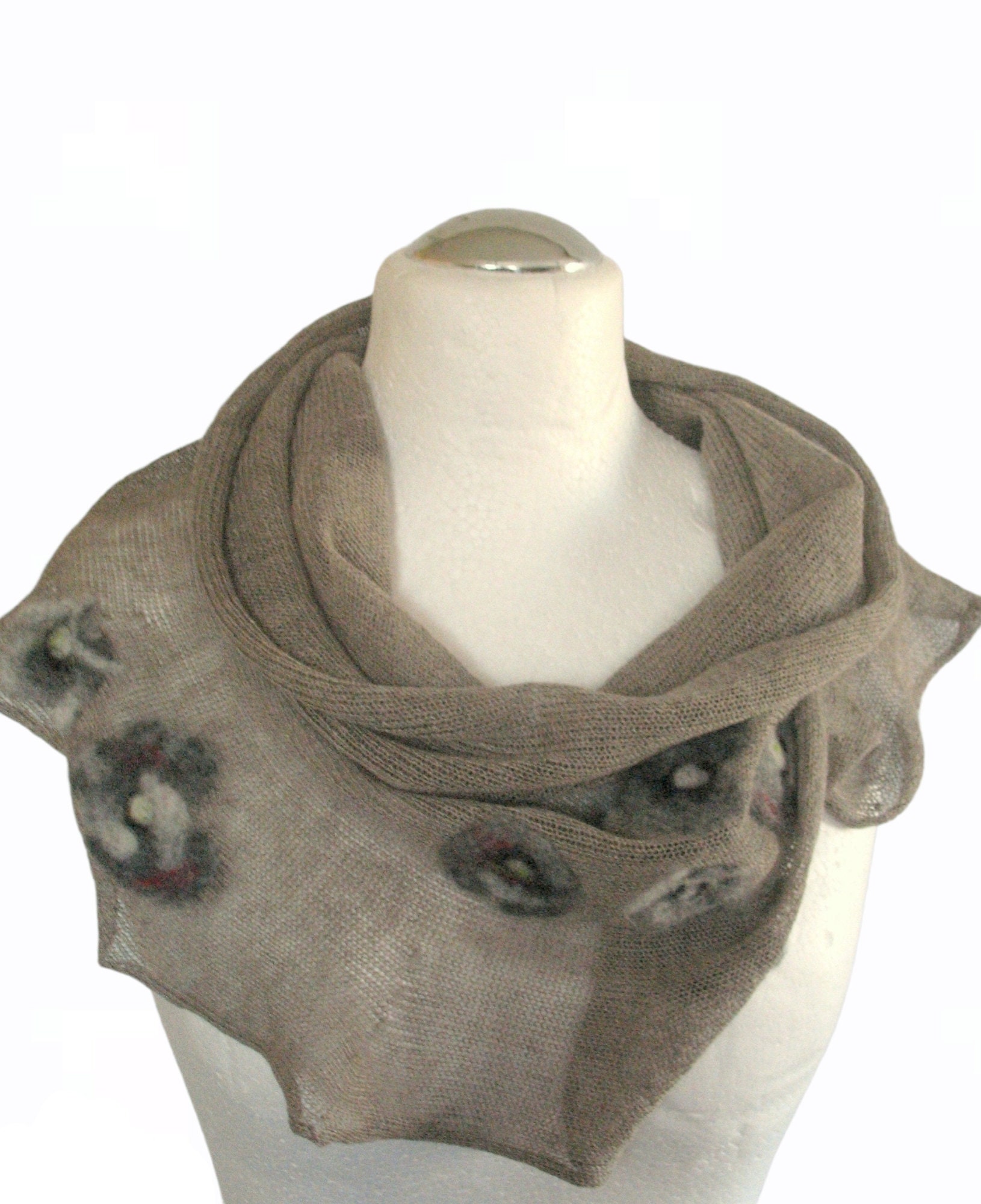 Linen Scarf Natural Gray Infinity Scarf Cowl Wrap Gray Red Poppy Felted Wool