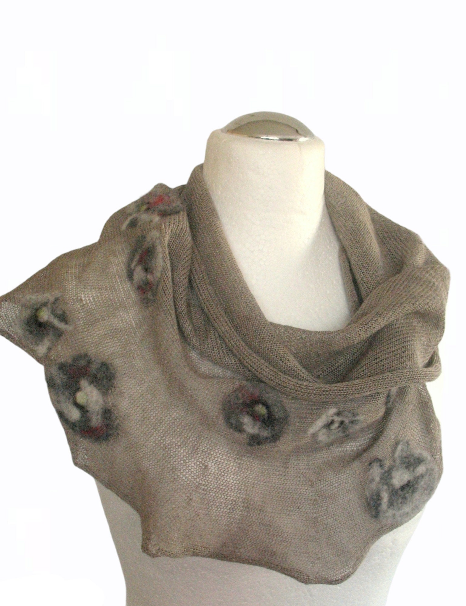 Linen Scarf Natural Gray Infinity Scarf Cowl Wrap Gray Red Poppy Felted Wool - Image 2