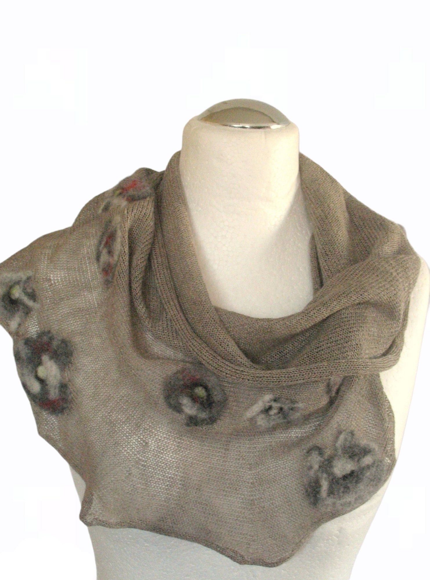 Linen Scarf Natural Gray Infinity Scarf Cowl Wrap Gray Red Poppy Felted Wool - Image 3
