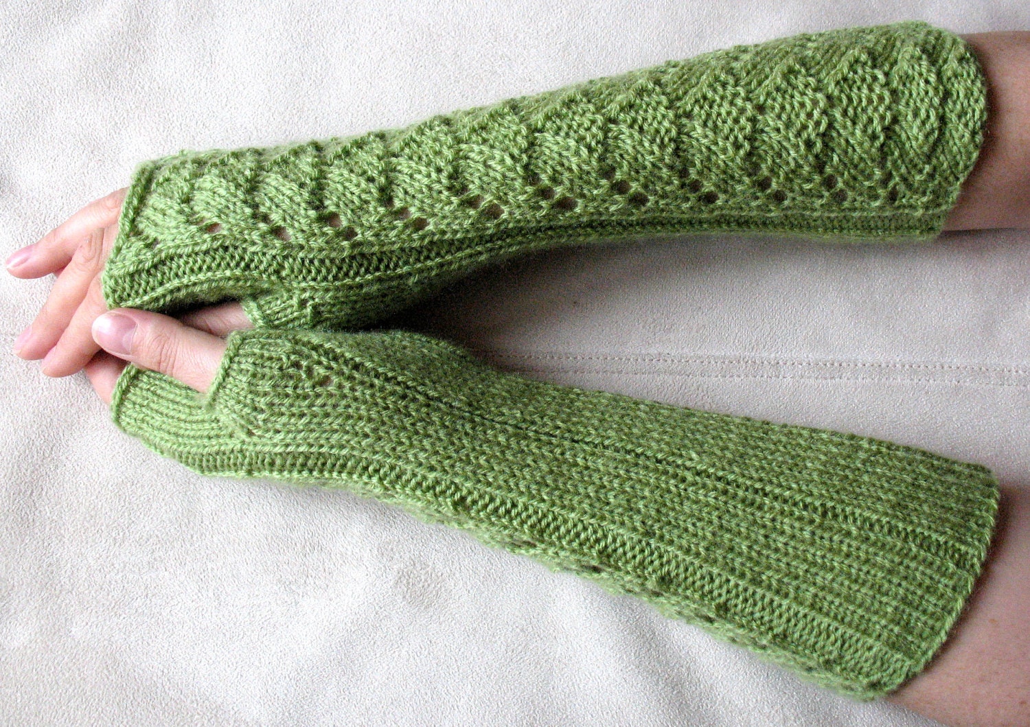 Long Fingerless Gloves Wrist Warmers olive green Arm Warmers Soft Acrylic - Image 2