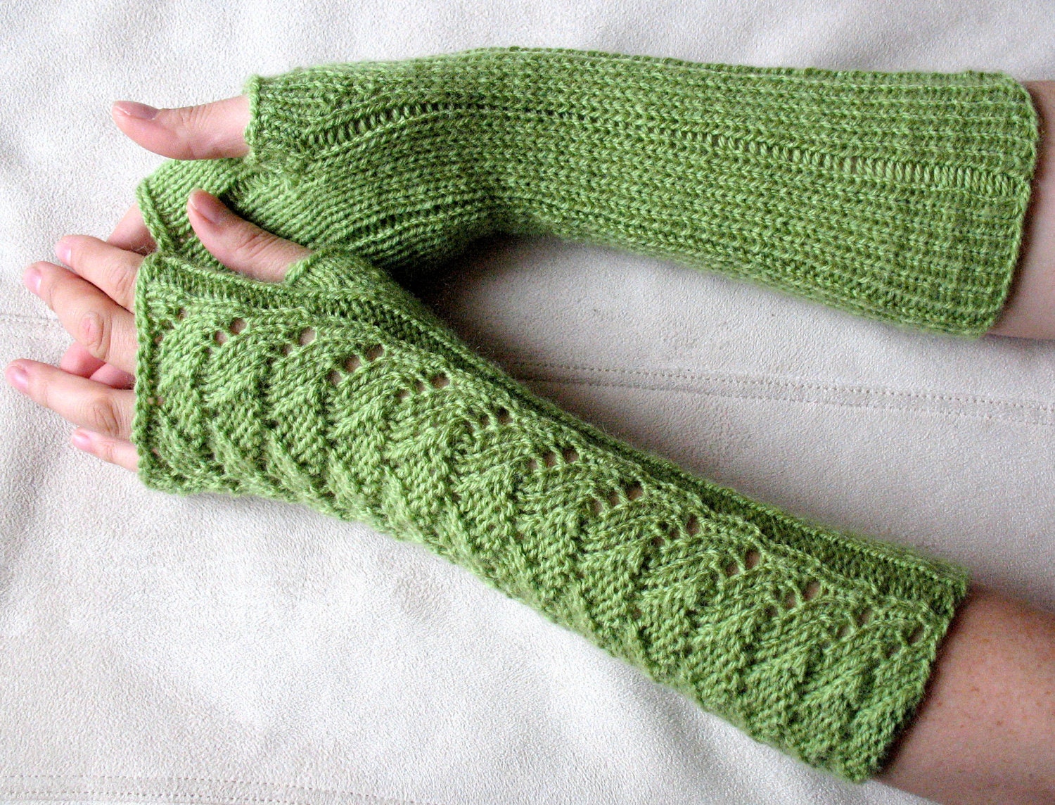 Long Fingerless Gloves Wrist Warmers olive green Arm Warmers Soft Acrylic - Image 4