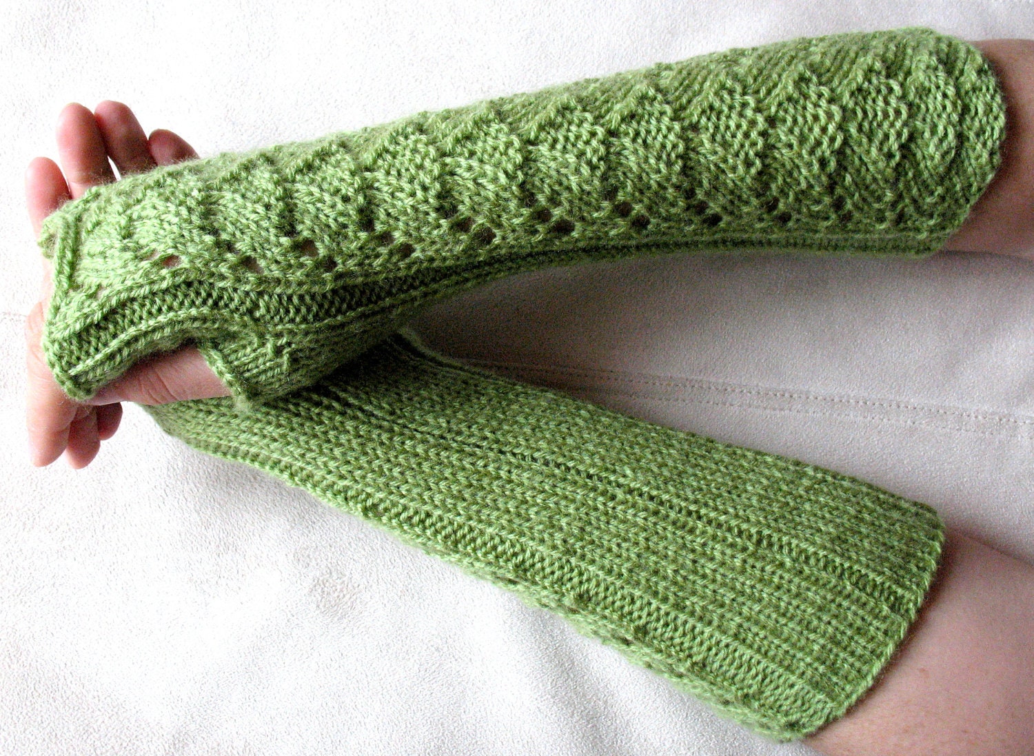 Long Fingerless Gloves Wrist Warmers olive green Arm Warmers Soft Acrylic - Image 3