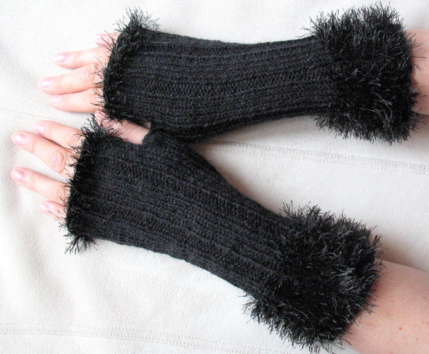 Fingerless Gloves Black Arm Warmers Mittens Knit, Acrylic - Image 3