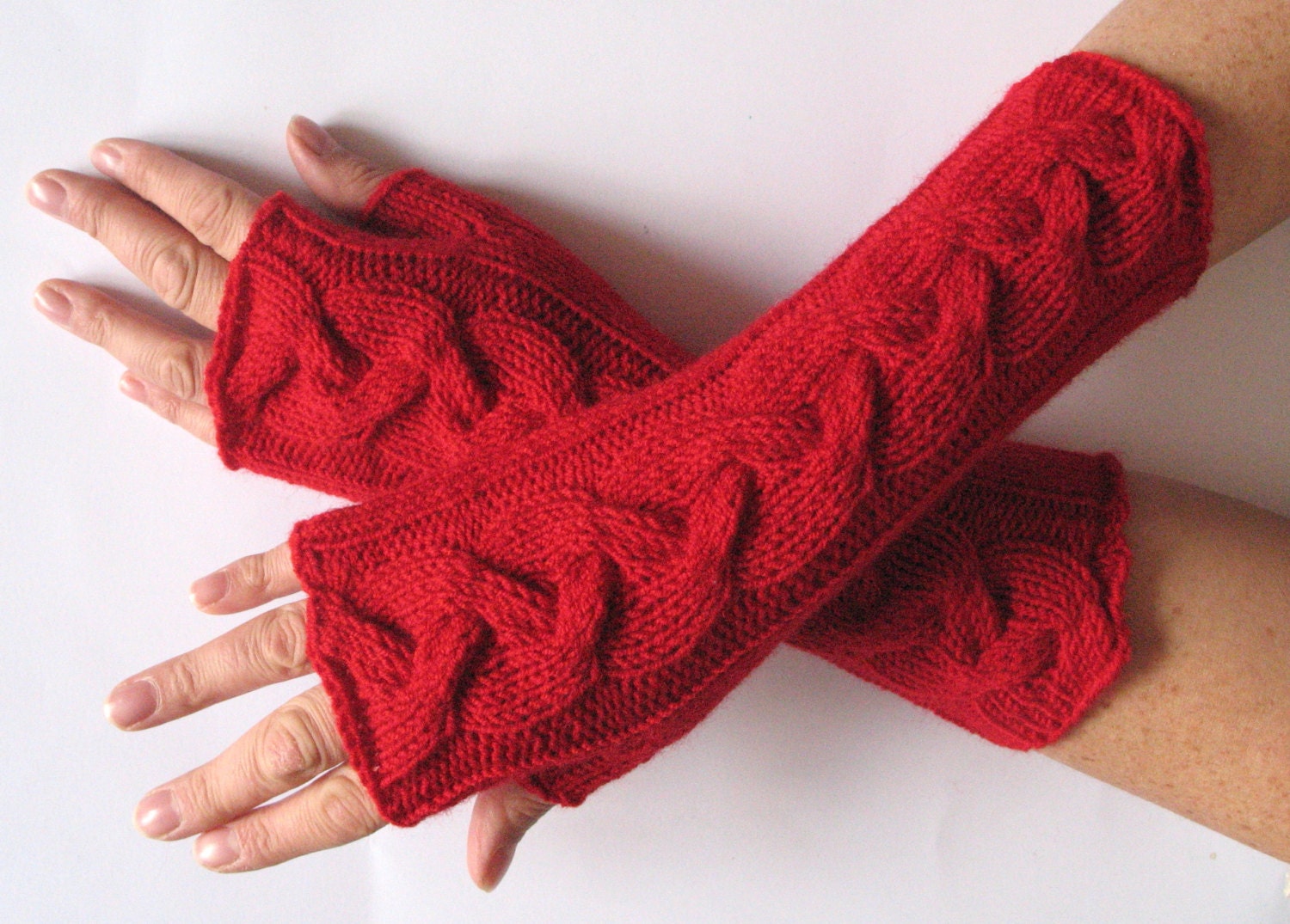Red fingerless gloves 10" arm warmers mittens Acrylic Wool