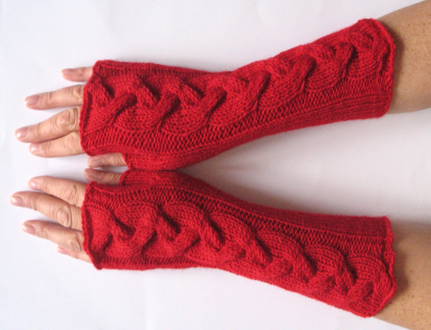 Red fingerless gloves 10" arm warmers mittens Acrylic Wool - Image 2