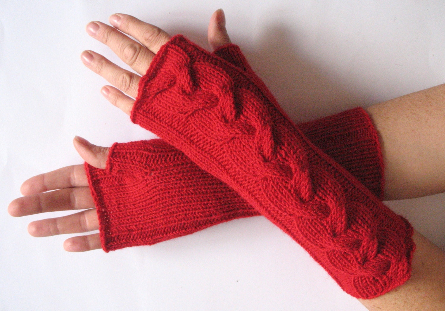 Red fingerless gloves 10" arm warmers mittens Acrylic Wool - Image 3