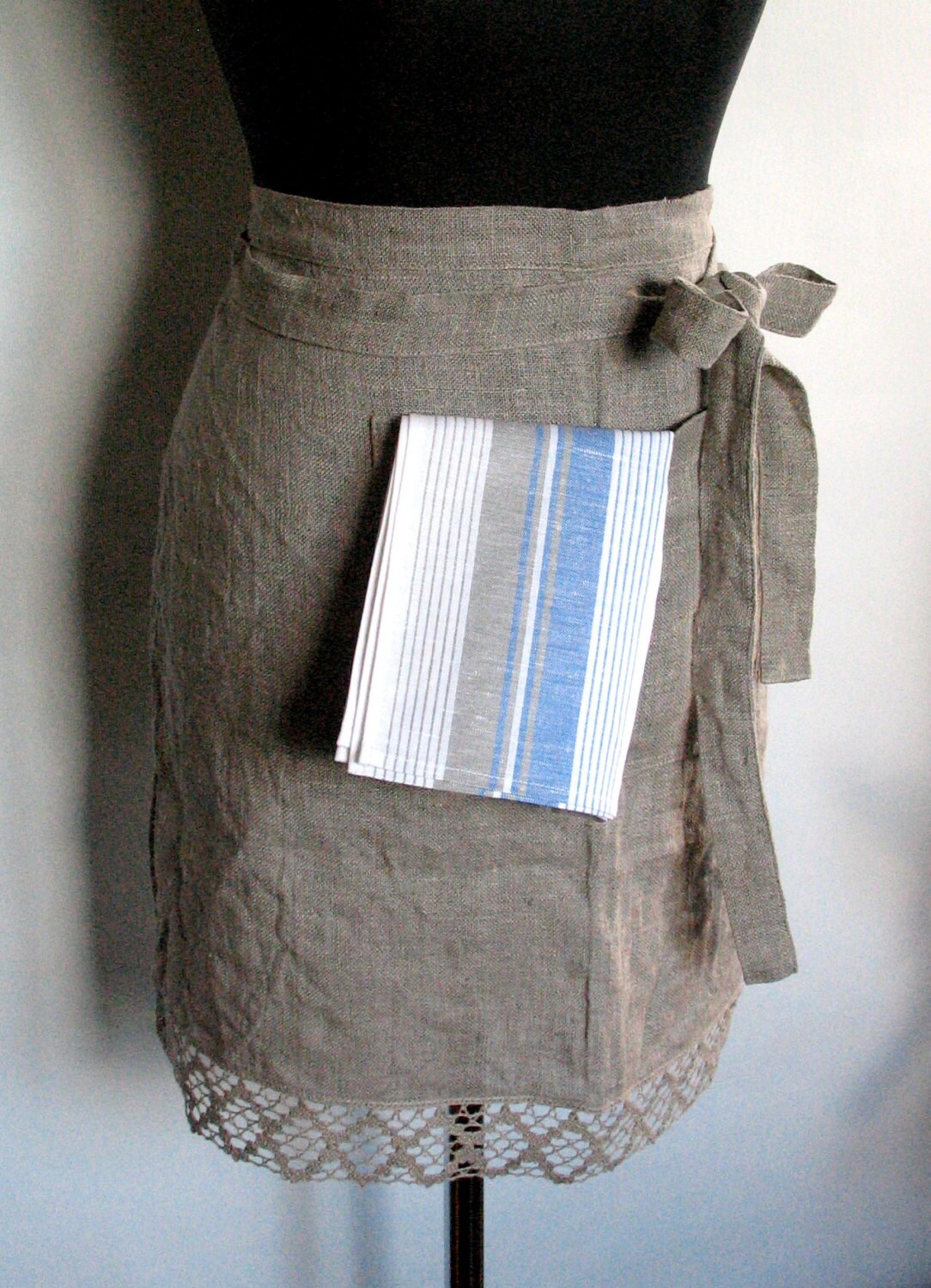 Linen Kitchen Half Apron Gardening Christmas Gift Chef Aprons Teachers Apron Natural Gray Prewashed Linen Lace - Image 6