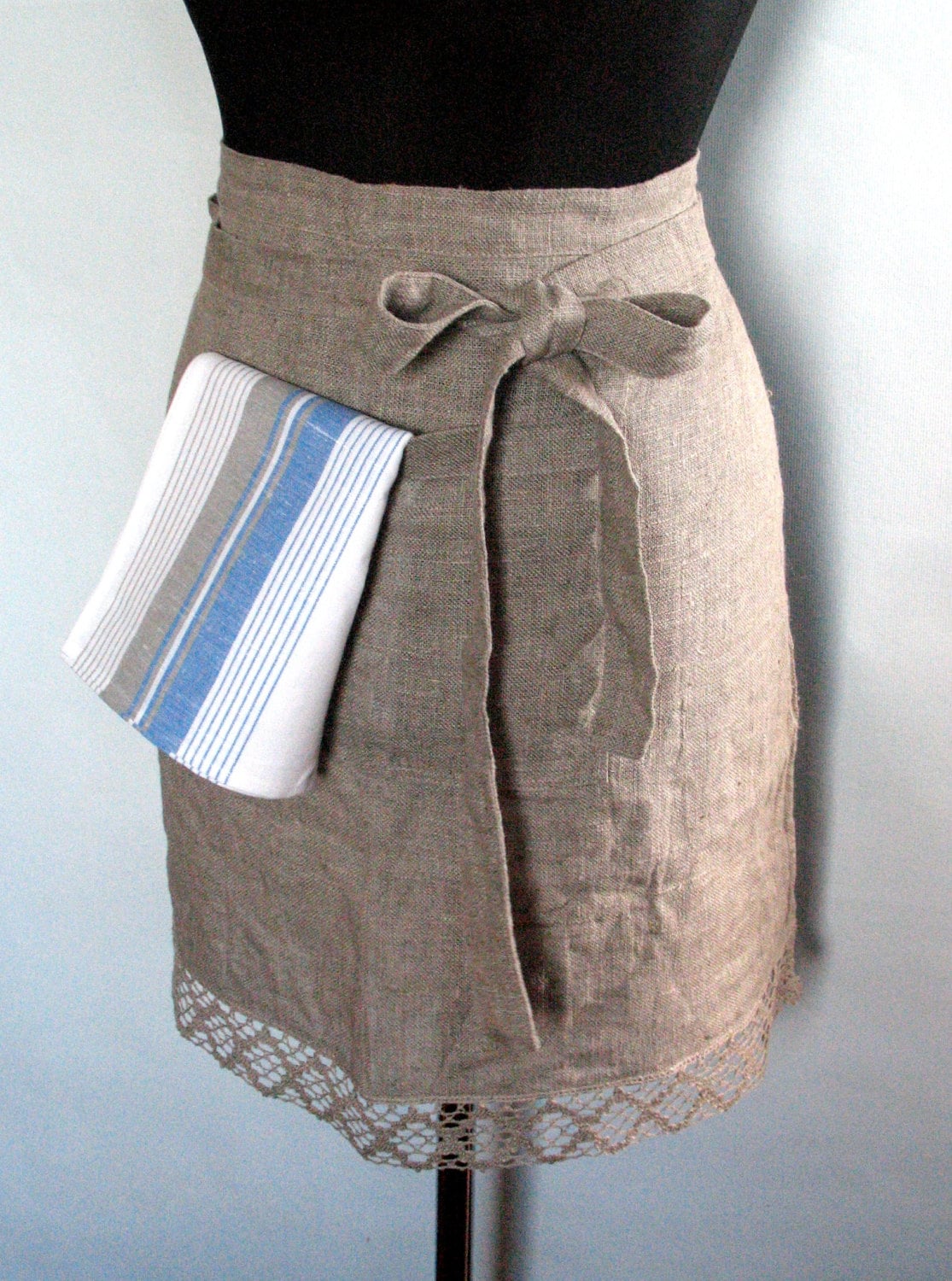 Linen Kitchen Half Apron Gardening Christmas Gift Chef Aprons Teachers Apron Natural Gray Prewashed Linen Lace - Image 2