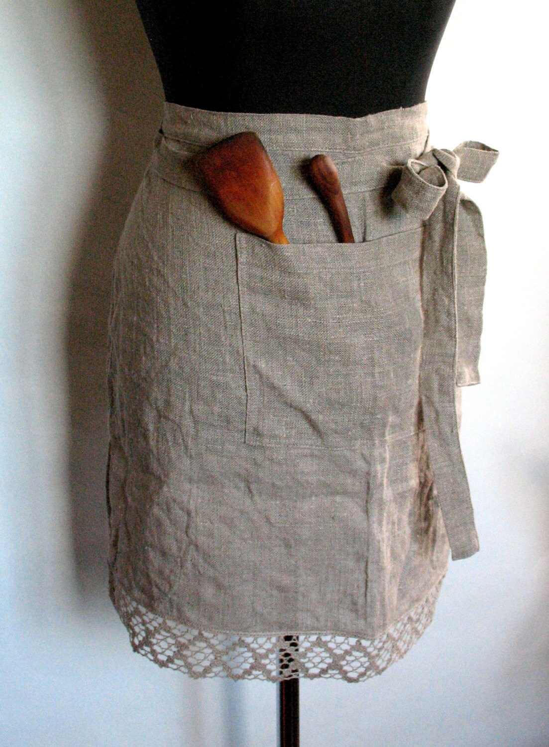 Linen Kitchen Half Apron Gardening Christmas Gift Chef Aprons Teachers Apron Natural Gray Prewashed Linen Lace - Image 5