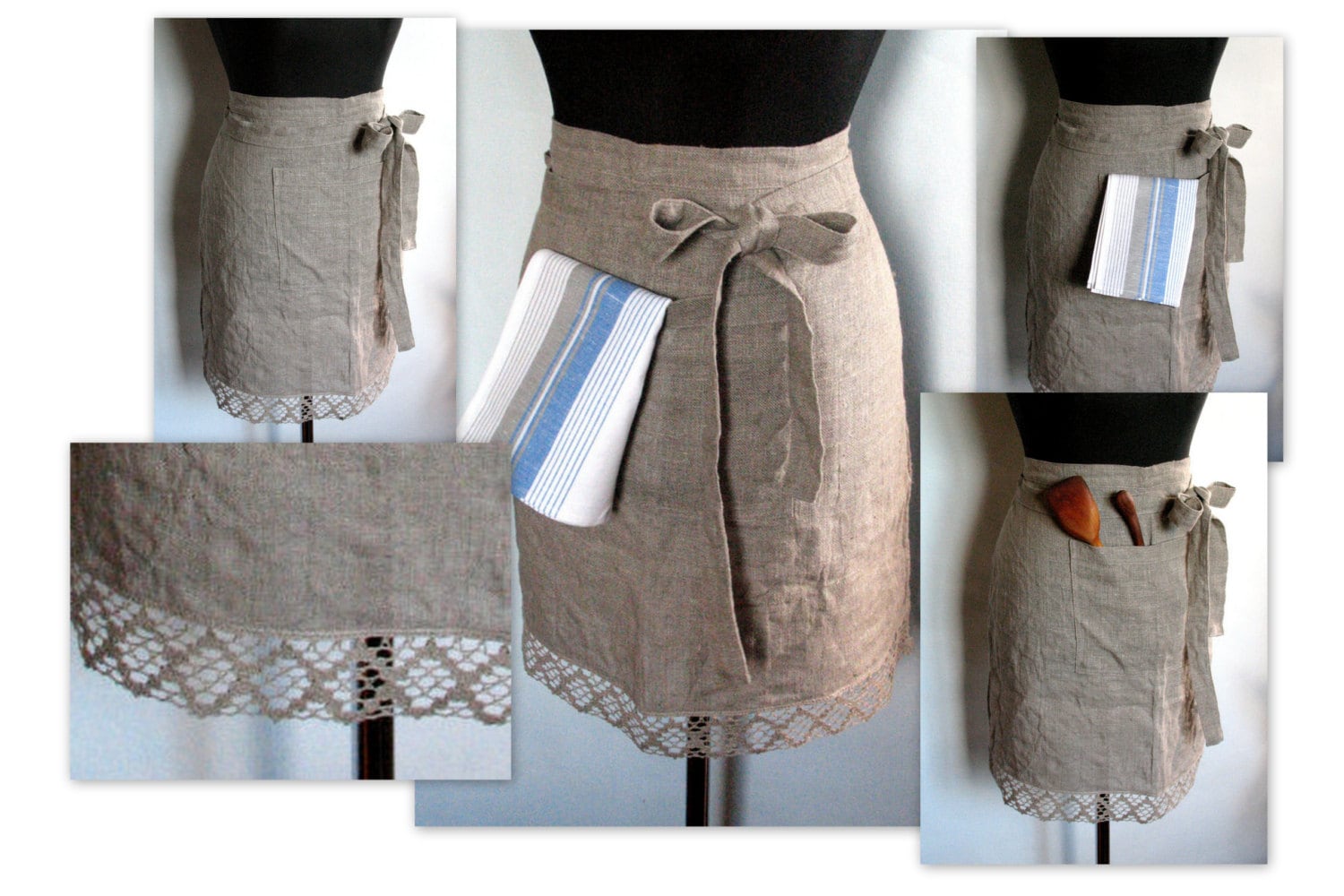 Linen Kitchen Half Apron Gardening Christmas Gift Chef Aprons Teachers Apron Natural Gray Prewashed Linen Lace