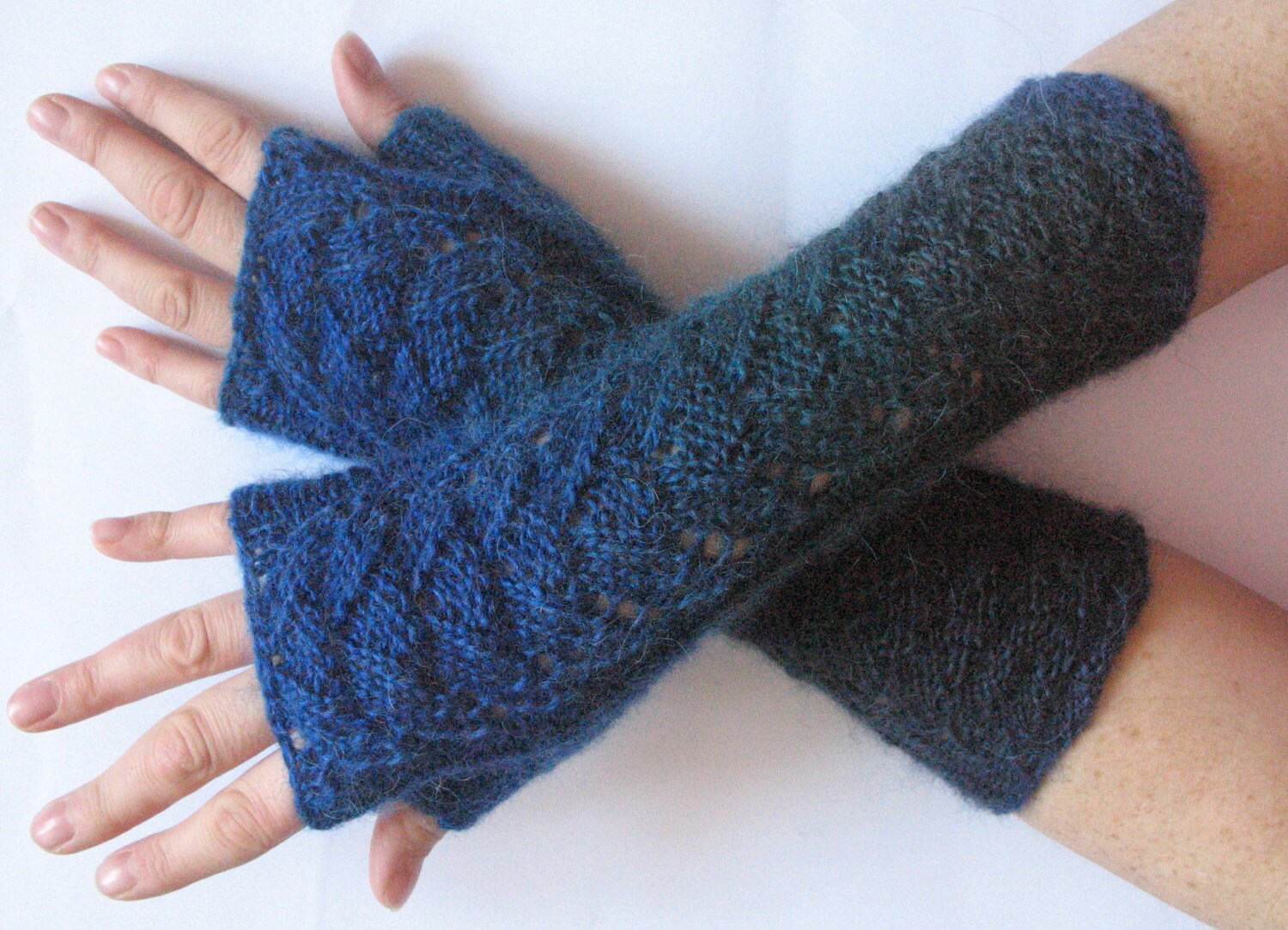 Dark Blue Fingerless Gloves Knit Gloves Winter Gloves Black Green Long Fingerless Gloves - Image 2