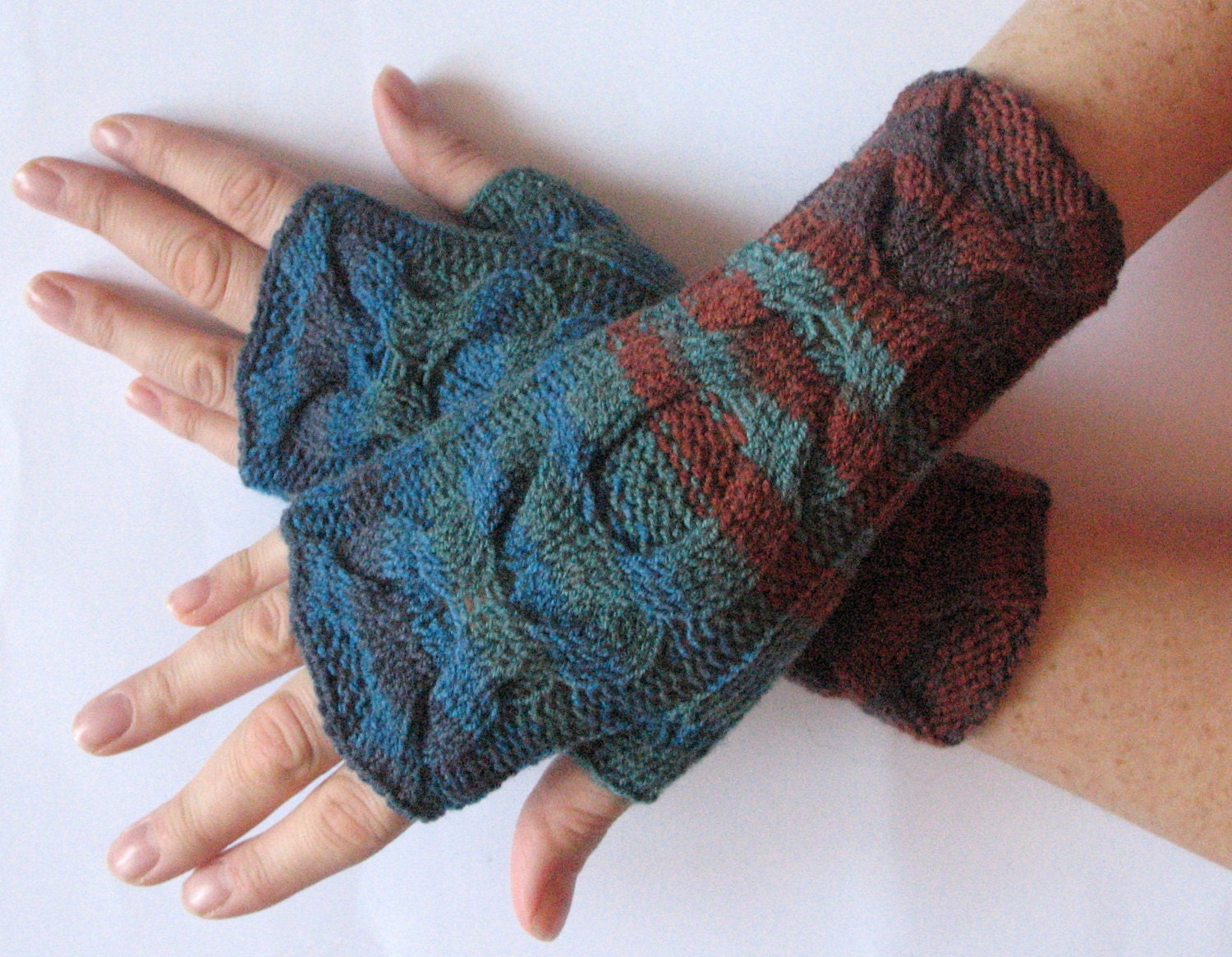 Fingerless Gloves Blue Brown Black Green wrist warmers - Image 2