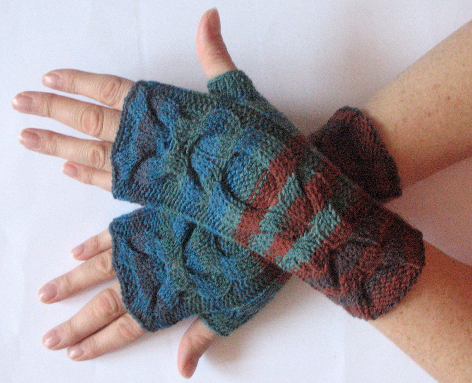 Fingerless Gloves Blue Brown Black Green wrist warmers - Image 3